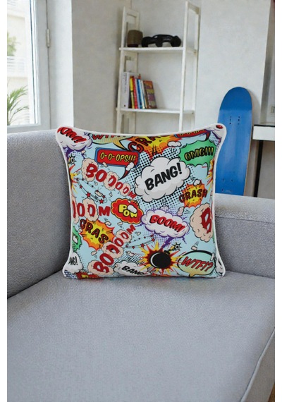 Kırlent Kılıfı 2'li Pop Art Ve Figür Desenli 45x45 Raşel Örme Kadife Çift Taraflı Dijital Baskı Beyaz Biyeli Çok Renkli