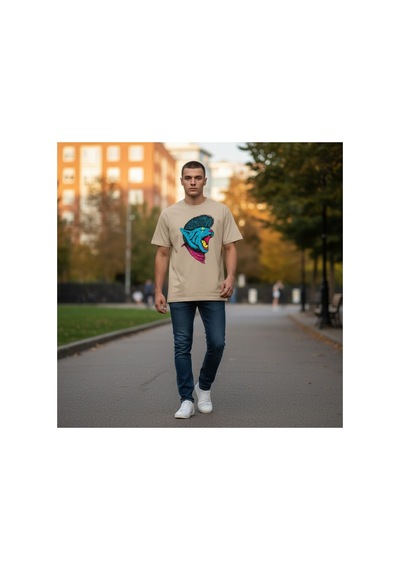 Urbantrendstore Unisex Kedi Vahşi Funny Kedi Baskı Oversize Fit Rahat Geniş Salaş T-shirt Günlük Tişört Bej