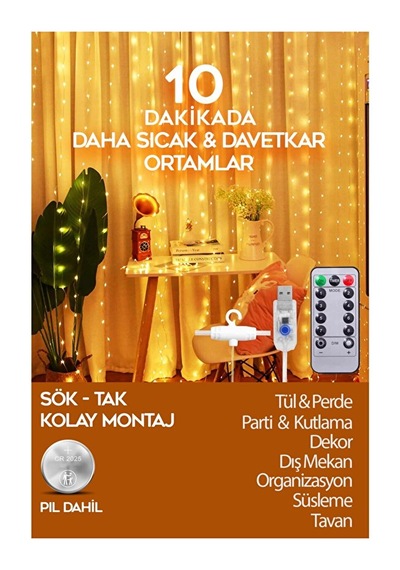 3x2 Metre Kumandalı Rgb Perde Led - Çok Renkli Peri Led Işık Dekarosyon Süsleme Sarı
