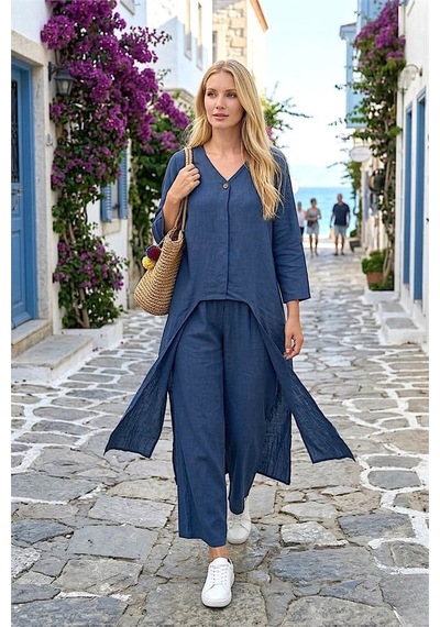 Genel Lacivert Tunik Pantolon Keten İkili Takım