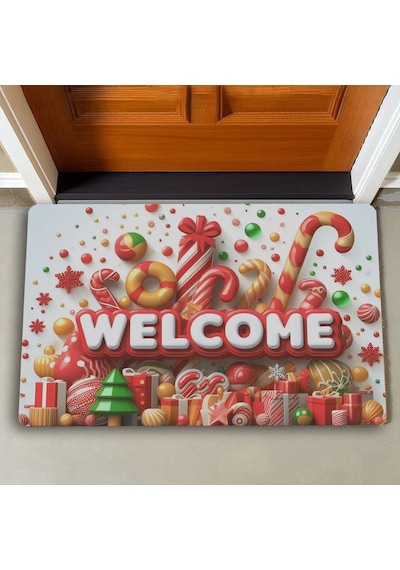 Valerine Life Yılbaşı Baston Ve Yuvarlak Şekerler Welcome Kapı Önü Paspası 45x70cm