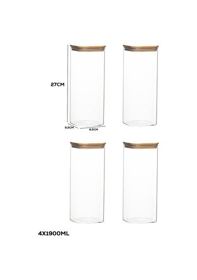 Porsima 7-4 Bambu Vakumlu Kapaklı Kare Borsilikat Cam 4lü Kavanoz Seti Saklama Kabı 1900ml 9,5x27cm