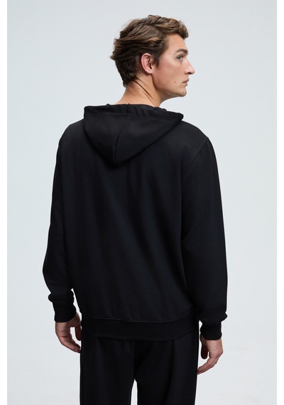 Grimelange GAGE Erkek Kapüşonlu Metal Kuş Gözü Detaylı Fermuarlı Kordonlu Cepli Siyah Sweatshirt