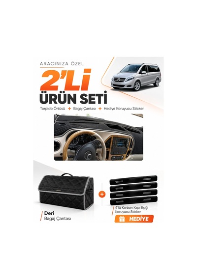 Mercedes Viano W447 2014-sonrası Uyumlu Torpido Örtüsü + Deri Bagaj Çantası + Sticker - Siyah Gri