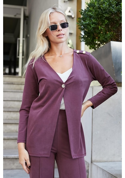 Kadın İpeksi Esnek Modal Kumaş V Yaka Uzun Kol Omuz Aksesuarlı Düğmeli Uzun Blazer Ceket-bordo Bordo Kadın İpeksi Esnek Modal Kumaş V Yaka Uzun Kol Omuz Aksesuarlı Düğmeli Uzun Blazer Ceket-bordo Bordo