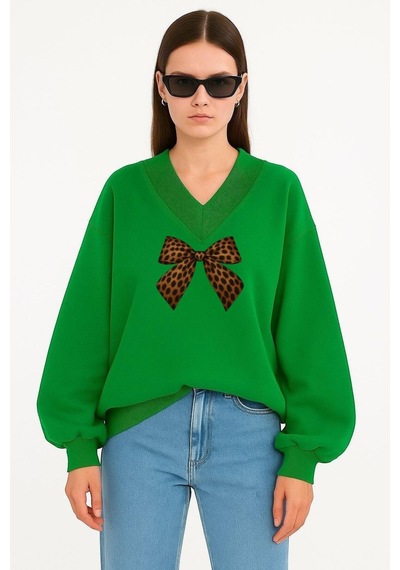 Benroma Kurdela Baskılı Ünisex V Yaka Sweatshirt Yeşil
