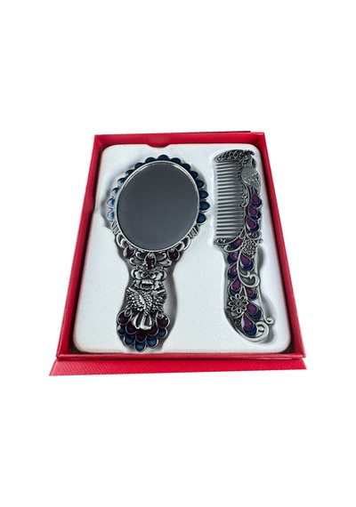 Tavus Kuşu Desenli Vintage Ayna Tarak Seti Özel Tasarım Ve Özel Kutulu 13,5 Cm & 13 Cm Gümüş