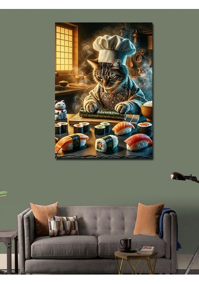 Kanvas Tablo Sushi Yapan Aşçı Kedi 70cmx100cm