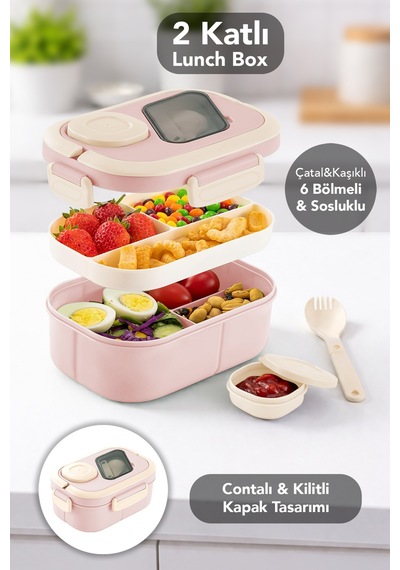 Bondie Kilitli Kapak Yemek Kabı - 2 Katlı Bölmeli Kaşık Ve Sosluklu Lunch Box Beslenme Kutusu Pembe