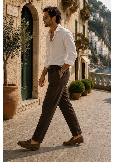 Danger Erkek Pamuk Viskon Kumaş Keten Görünümlü Kahverengi Slim Fit Pantolon - 216dngr