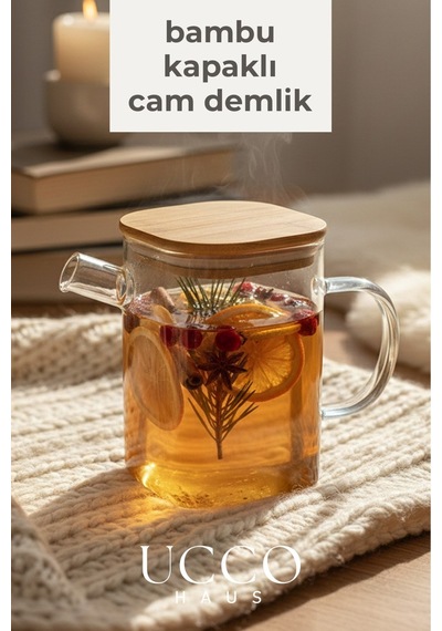 1 Litre Bambu Kapaklı Boroslikat Cam Demlik Sürahi Detox, Limonata, Bitki Çayı, Yağdanlık Mutfak Şeffaf