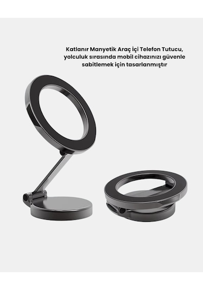 360 Dönebilen Katlanır Manyetik Araç Telefon Tutucu - Magsafe Uyumlu, Kompakt Ve Şık Tasarım Siyah