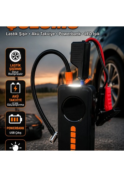Dijital Lastik Şişirme Kompresörü Akü Takviye Powerbank Led Fenerli 4 Fonksiyonlu Acil Durum Cihazı