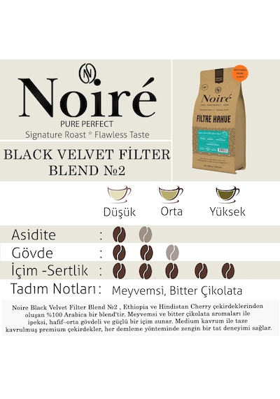 Noire Black Velvet Filter Blend 2 1000g %100 Arabica Blend Öğütülmüş Çekirdek Kahve