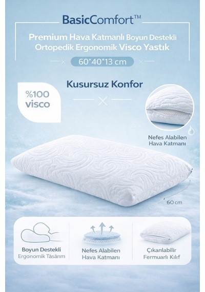 BasicComfort™ Premium Hava Katmanlı Boyun Destekli Ortopedik Ergonomik Visco Yastık 60*40*13 cm