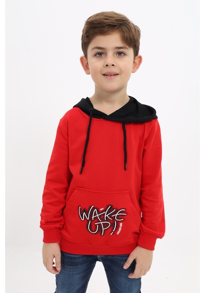 Toontoy Kids Toontoy Erkek Çocuk Relax Fit Kapüşonlu Cepli Renk Bloklu Baskılı Sweatshirt - 2 İplik Kırmızı