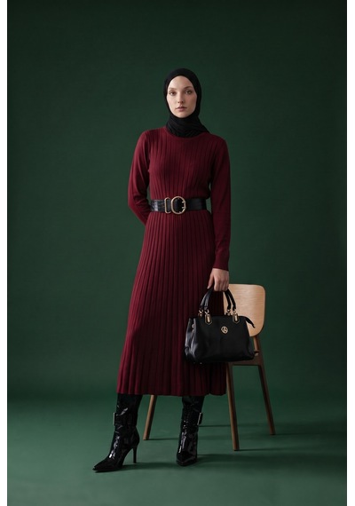 Armine Trend Kendinden Çizgili Triko Elbise Bordo 25ktd901