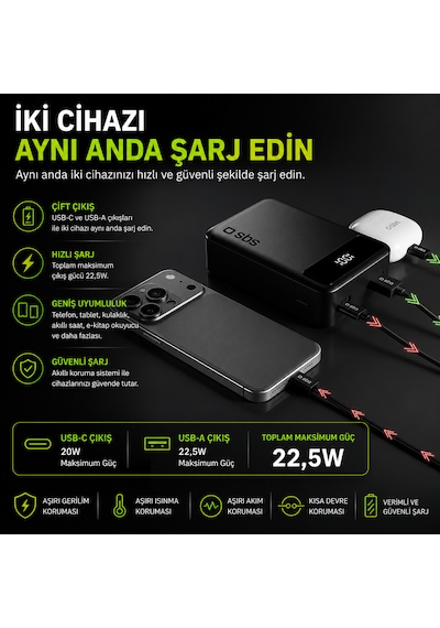 Sbs 20000 Mah Powerbank 20w Pd Hızlı Şarj Lcd Ekranlı Usb-c & Usb-a Taşınabilir Harici Batarya Siyah 20.000 Mah