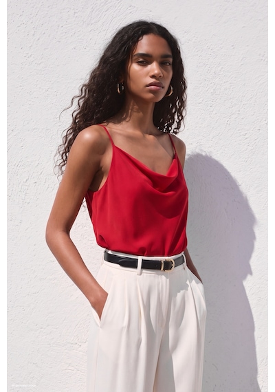 Sateen Askılı Degaje Yaka Bluz - Kırmızı-137665