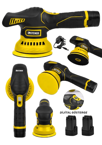 Steiner 12v Orbital Dijital Göstergeli 6 Kademeli Pasta Cila Kaporta Parlatma Şarjlı Polisaj Makinesi Sarı
