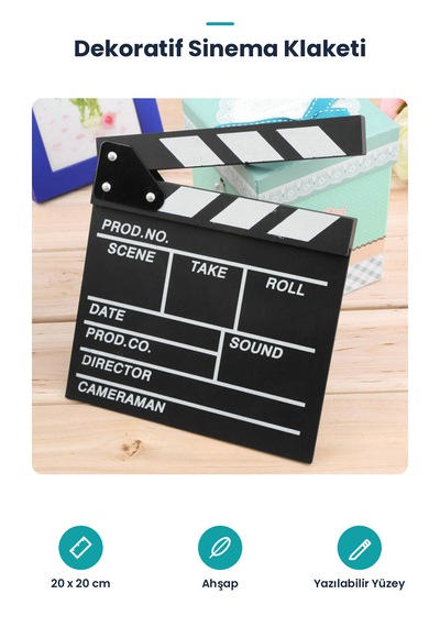 Küçük Boy Dekoratif Sinema Klaketi - Ahşap - 20x20 Cm Standart