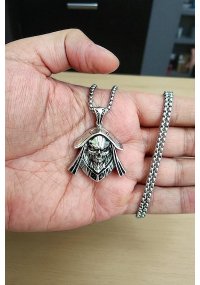 Gümüş Kaplama Krom-çelik Erkek Kolye Ölüm Meleği Azrail Death Angel Madalyon Beyaz
