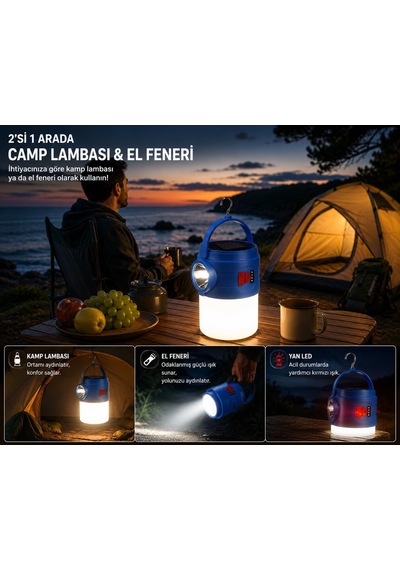 Güneş Enerjili Led Kamp Lambası Ve El Feneri, Asma Kulplu