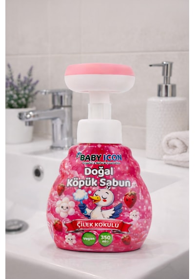 Baby Icon Doğal Çocuk Köpük El Sabunu 350 Ml Çilek Kokulu Lavanta Aynısefa Vegan Parabensiz Çiçek Şekilli Pembe Köpük