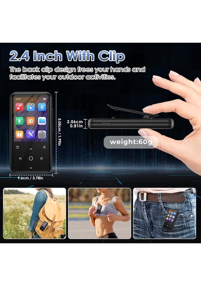 64gb Mp3 Çalar Bluetooth, 2.4 Inç Ekran, Klipsli Tasarım, 500mah Pil