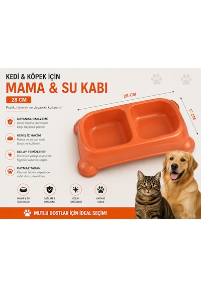 Kedi Köpek İkili Mama Ve Su Kabı 28x17 Cm Kaymaz Tabanlı Çift Bölmeli - Turuncu