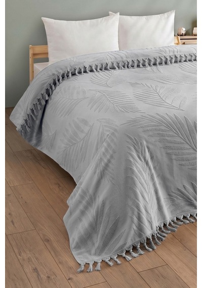 Çift Kişilik Saçaklı Havlu Yatak Örtüsü - %100 Pamuk & Yumuşak & Saçaklı Pike - 200x220 Cm-gri Grı