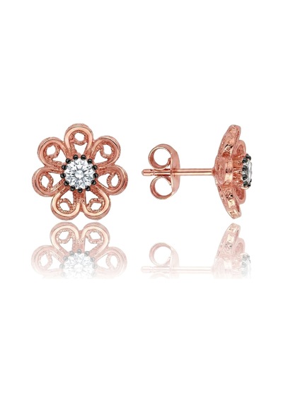 925 Ayar Gümüş Küpe Rose Telkari İşlemeli Zirkon Taşlı Papatya Modeli Vidalı Küpe Barcode Rose