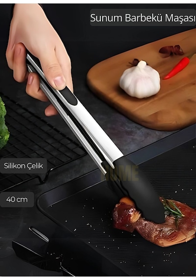 Sunum Maşası Barbekü Maşası Mangal Maşa Silikon Salata Maşası Siyah 40 Cm Gri Siyah