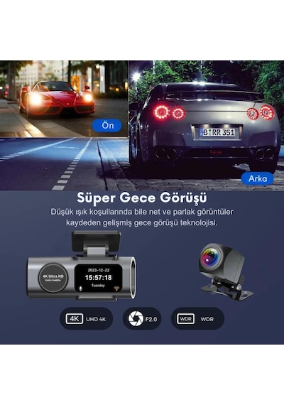 Polham 4k Ön Ve Arka Kameralı Araç Kamerası, Wifi, Dahili Gps, G Sensörlü,gece Görüşlü Araç Kamerası