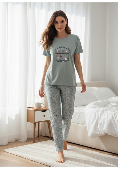 Mihra Kadın Compakt Penye Bisiklet Yaka Kısa Kol İnce Pijama Takımı 90784m - 1 Adet Yeşil