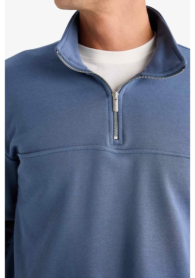 Defacto Relax Fit Dik Yaka Fermuarlı Basic Düz Kalın Sweatshirt E5334AX24WN İndigo