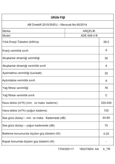 Arçelik ADE 606-4 B Ankastre Duvar Tipi Davlumbaz
