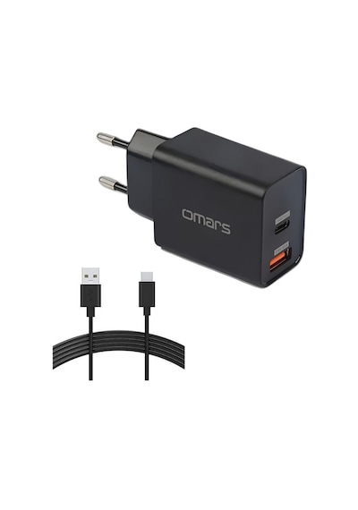 Omars 18w Çift Çıkışlı Type-c - Usb Hızlı Şarj Cihazı Ve 1 Metre Type-c Kablo