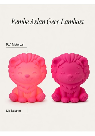 Aslan Modern Dekoratif Ev Hediyesi Tasarım Lamba - Aslan Figürlü Gece Lambası Pembe