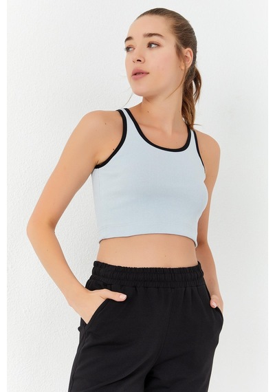 Tommy Life Taş Basic Sıfır Kol Dar Kalıp U Yaka Kadın Crop Top Atlet - 97162 Taş