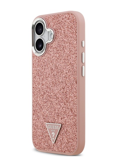 Apple Uyumlu iPhone 17 Kılıf Guess Lisanslı M-safeli Metal Kamera Çerçeveli Üçgen Logolu Glitter Pembe Pembe