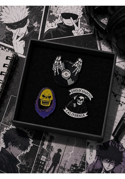 3 Lü Gotik Figürlü Rozet Seti Kuru Kafa Ve İskelet Temalı Metal Broş Seti Renkli