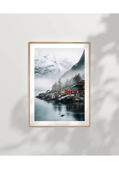 Çerçevesiz Poster Kırmızı Ev Ve Sisli Dağlar
