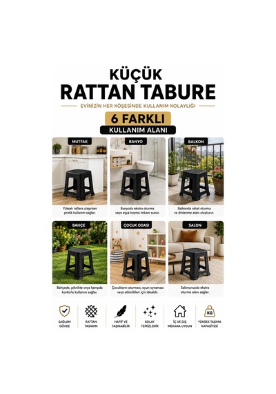 6 Lı Küçük Rattan Tabure Seti Siyah Mutfak Banyo Balkon Bahçe İçin İstiflenebilir Plastik Tabure Siyah