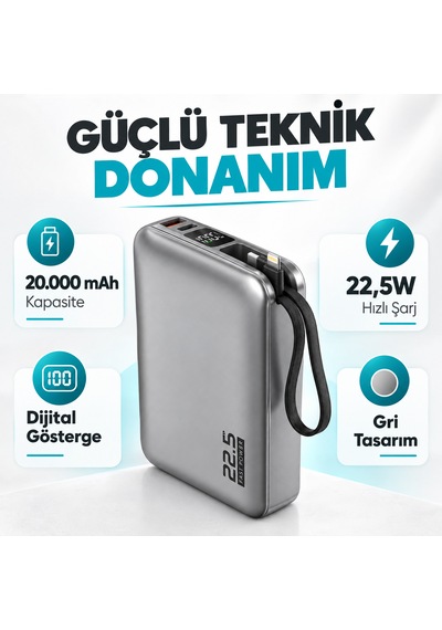 Xcharge 20000 Mah 22.5w Hızlı Şarj Powerbank Kendinden Kablolu Type-c Lightning Gümüş
