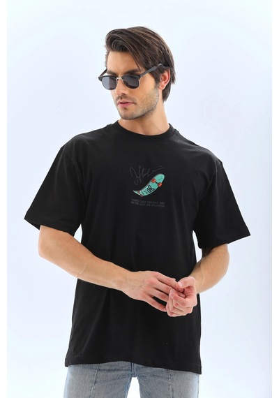 Erkek Kısa Kol Baskılı Bisiklet Yaka T-shirt - Siyah Siyah