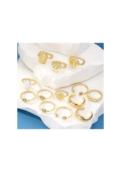 Stellis Gold - 13 Adet Kristal Taşlı Şık Tasarım Vintage Çoklu Ayarlanabilir Altın Yüzük Seti
