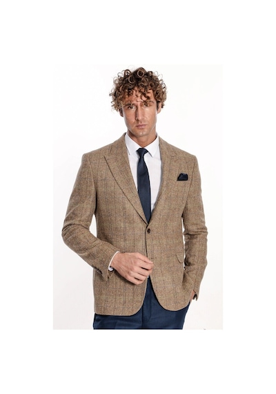 Wessi Balıksırtı Desen Slim Fit Yün Taba Erkek Ceket Taba