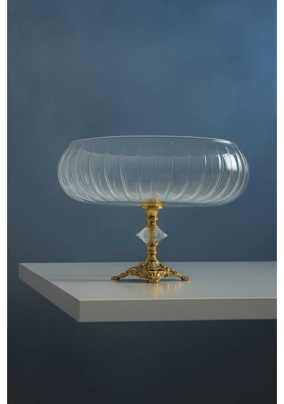 Elta Collection Lotus Kristal 24 Cm Kesme Dekor Metal Ayaklı Salata Kasesi Cam Sunumluk- Servis Tabağı Gold