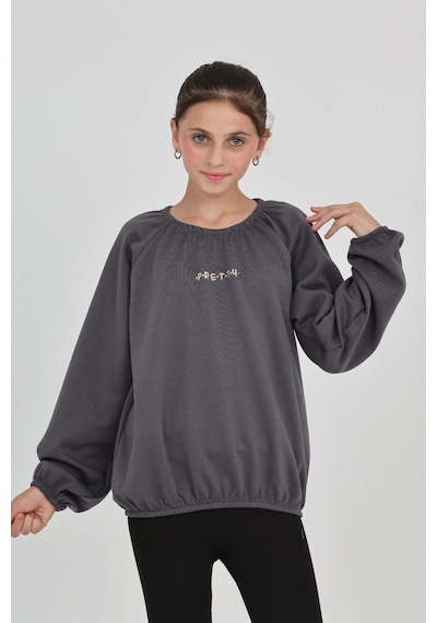 Toontoy Kız Çocuk Pretty Baskılı Sweatshirt Füme Melanj